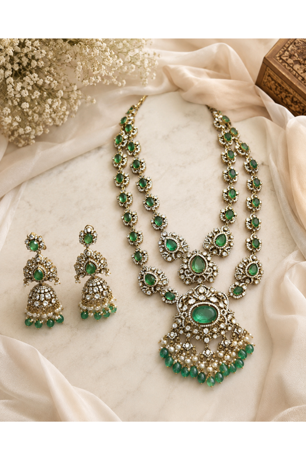 Sage Green Moissanite Long Two-Layered Necklace Set