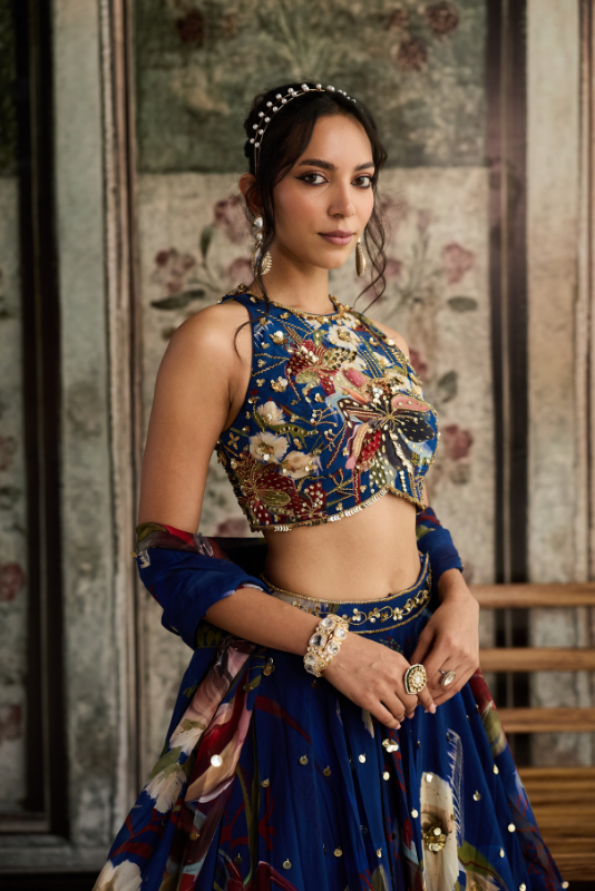 BLUE FLORAL PRINT AND HIGHLIGHTED LEHENGA SET