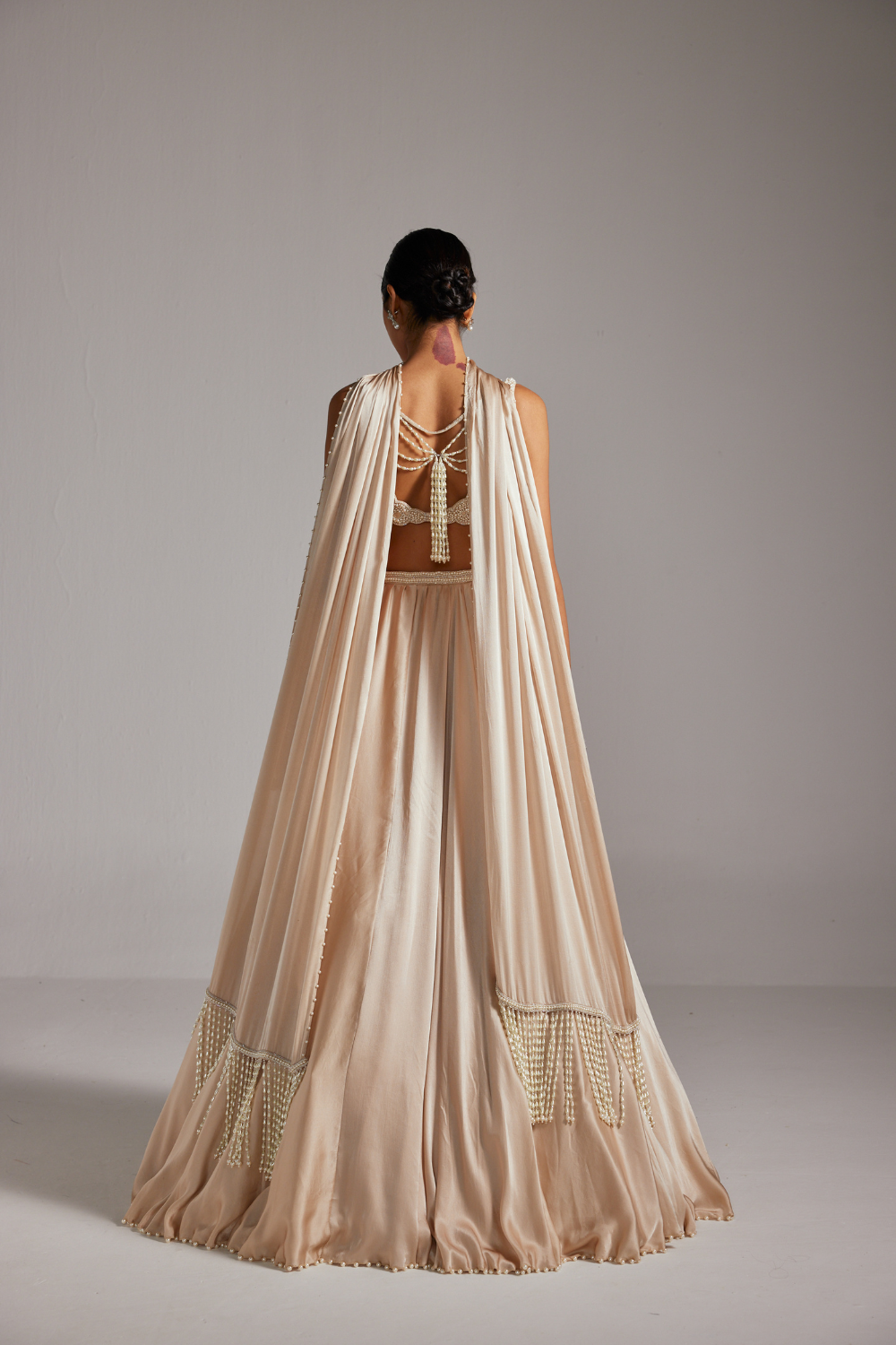 Light Beige V Neck Satin skirt Set