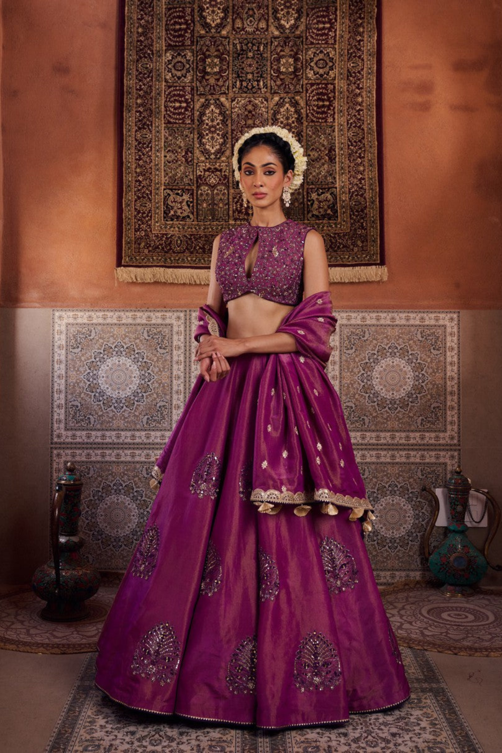 Purple shimmer tissue blouse, lehenga and dupatta