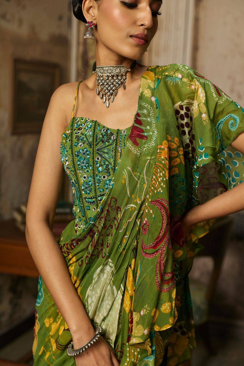 PEAR GREEN PRINTED AND HIGHLIGHTED RUFFLE SKIRT SAREE SET