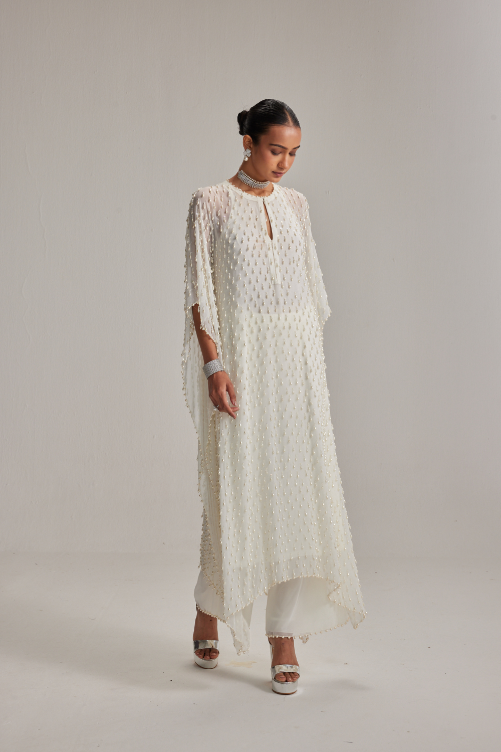 Off White Pearl Drop Kaftaan set