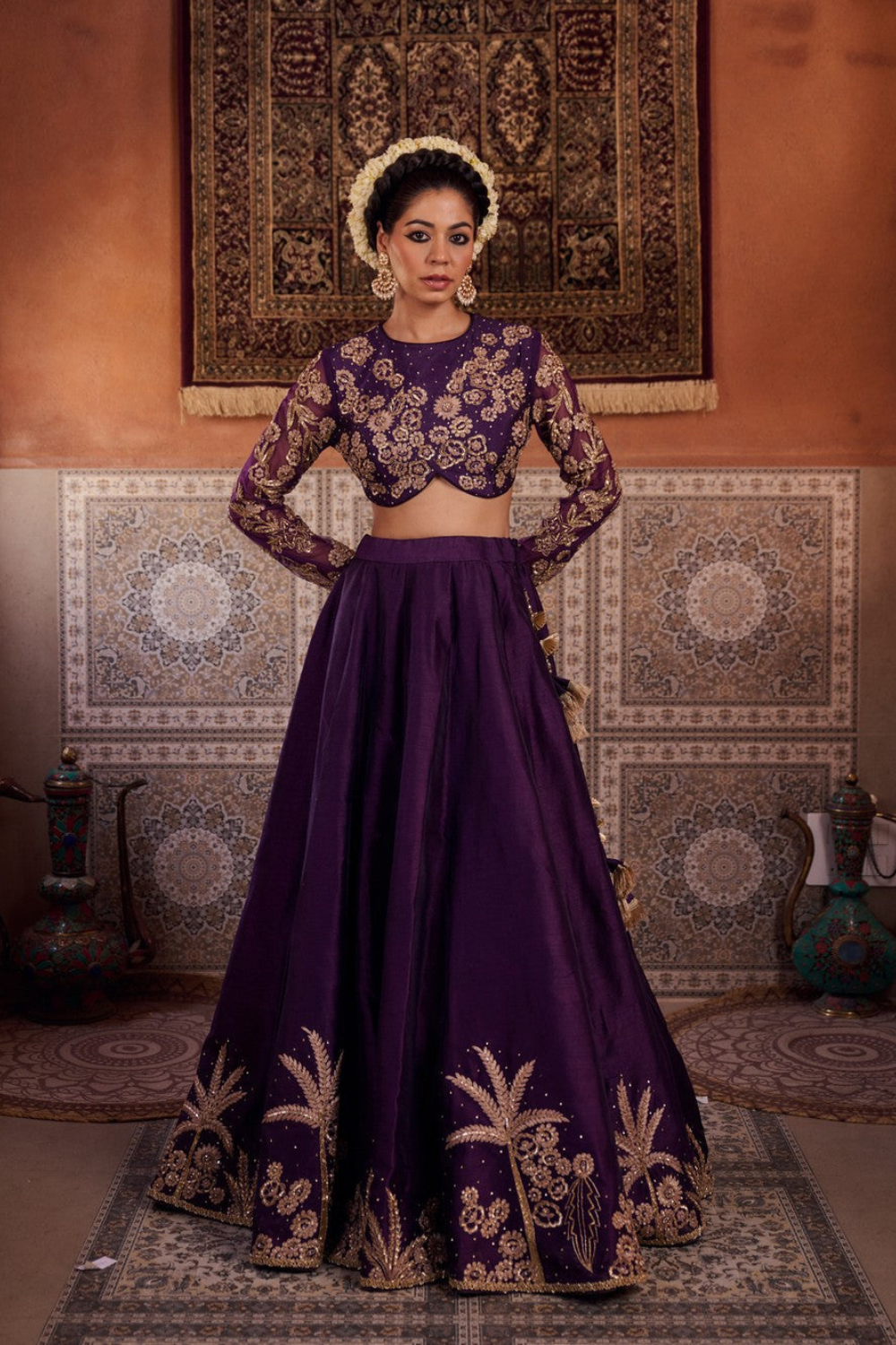 Purple dupion silk blouse, lehenga and organza silk dupatta