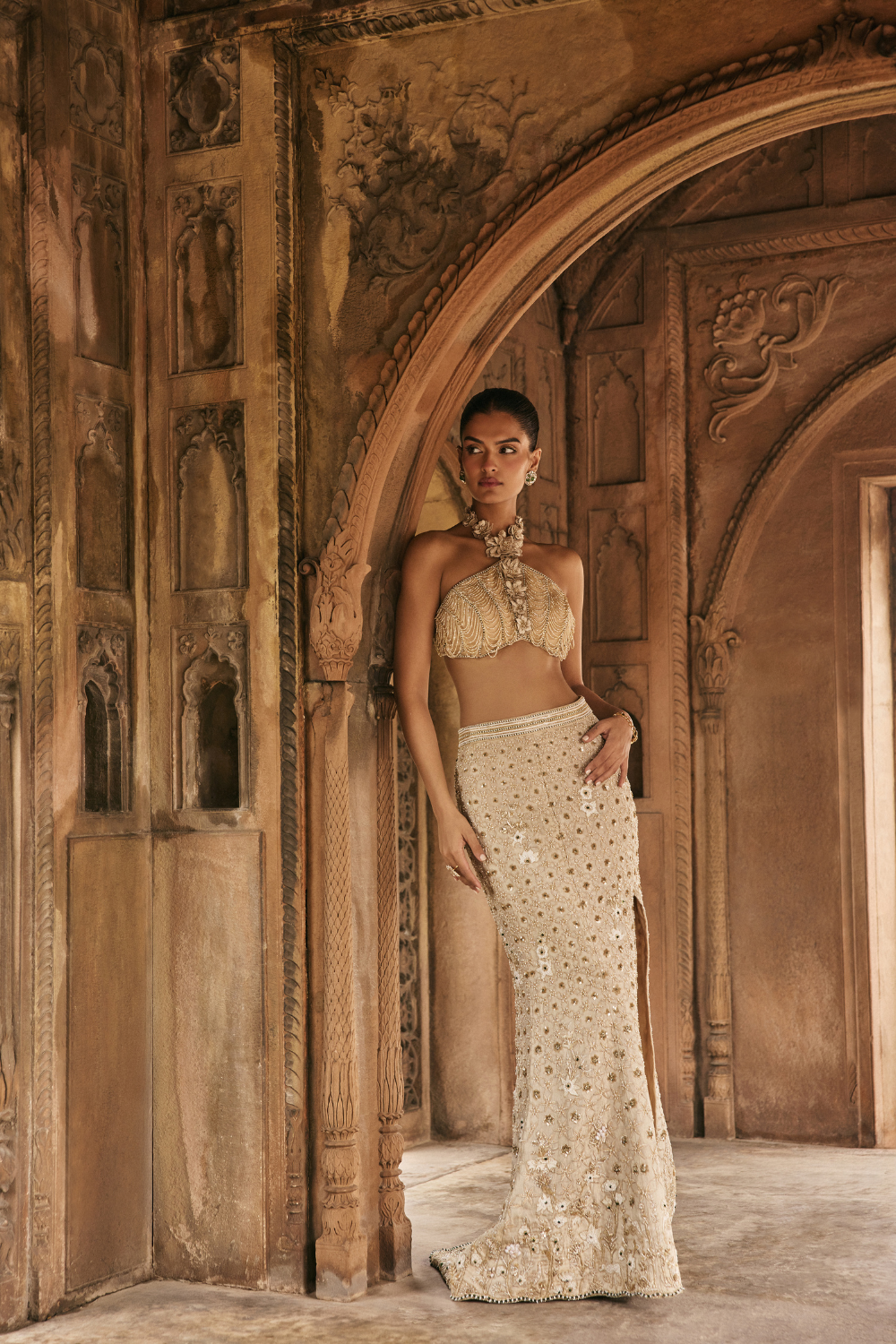 Gold, resham embroidery, tissue, gown