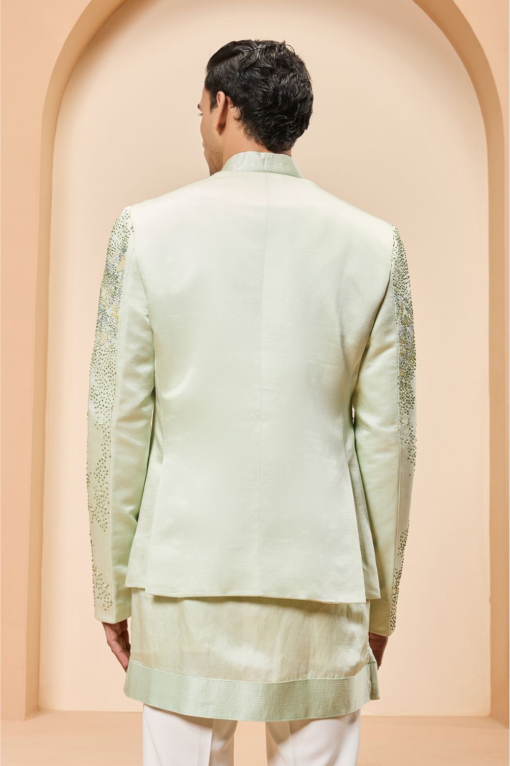 Green open bandhgala   with thread , sequins & pearl  work