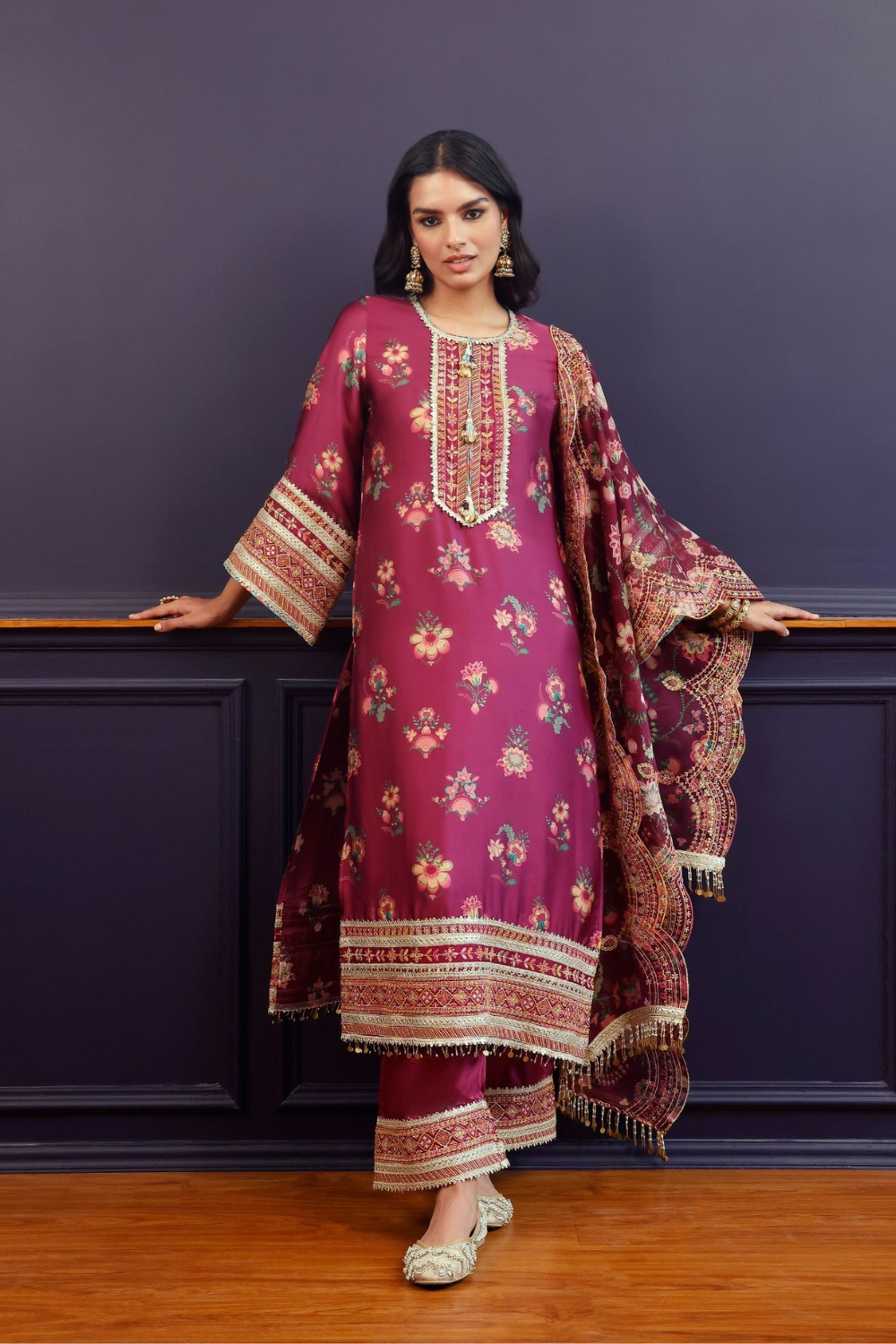 Ovia Cupro Satin Printed Wine Kurta & Pant Set
