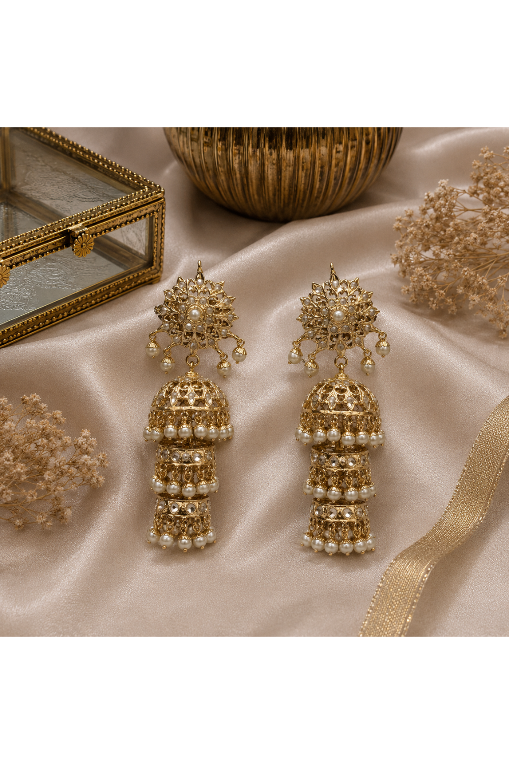 Three-Layer Jadau Pearl Jhumka Earrings