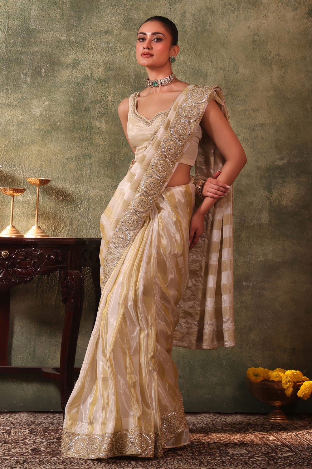 Ivory Tissue Saree Set