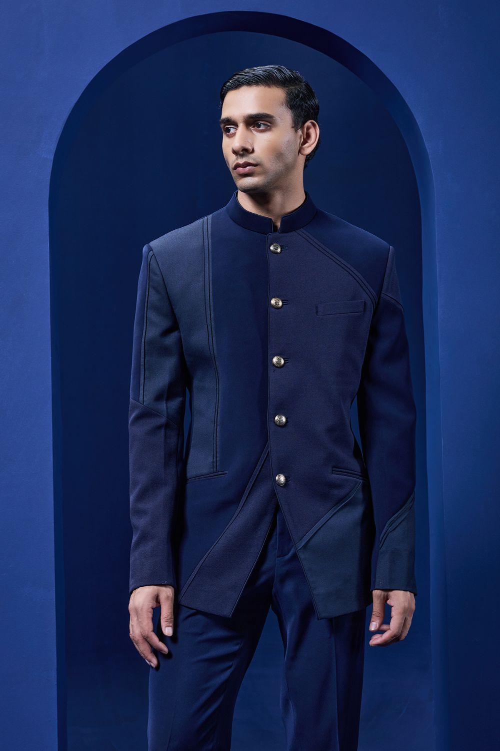 Navy blue bandhgala detailing with golden button