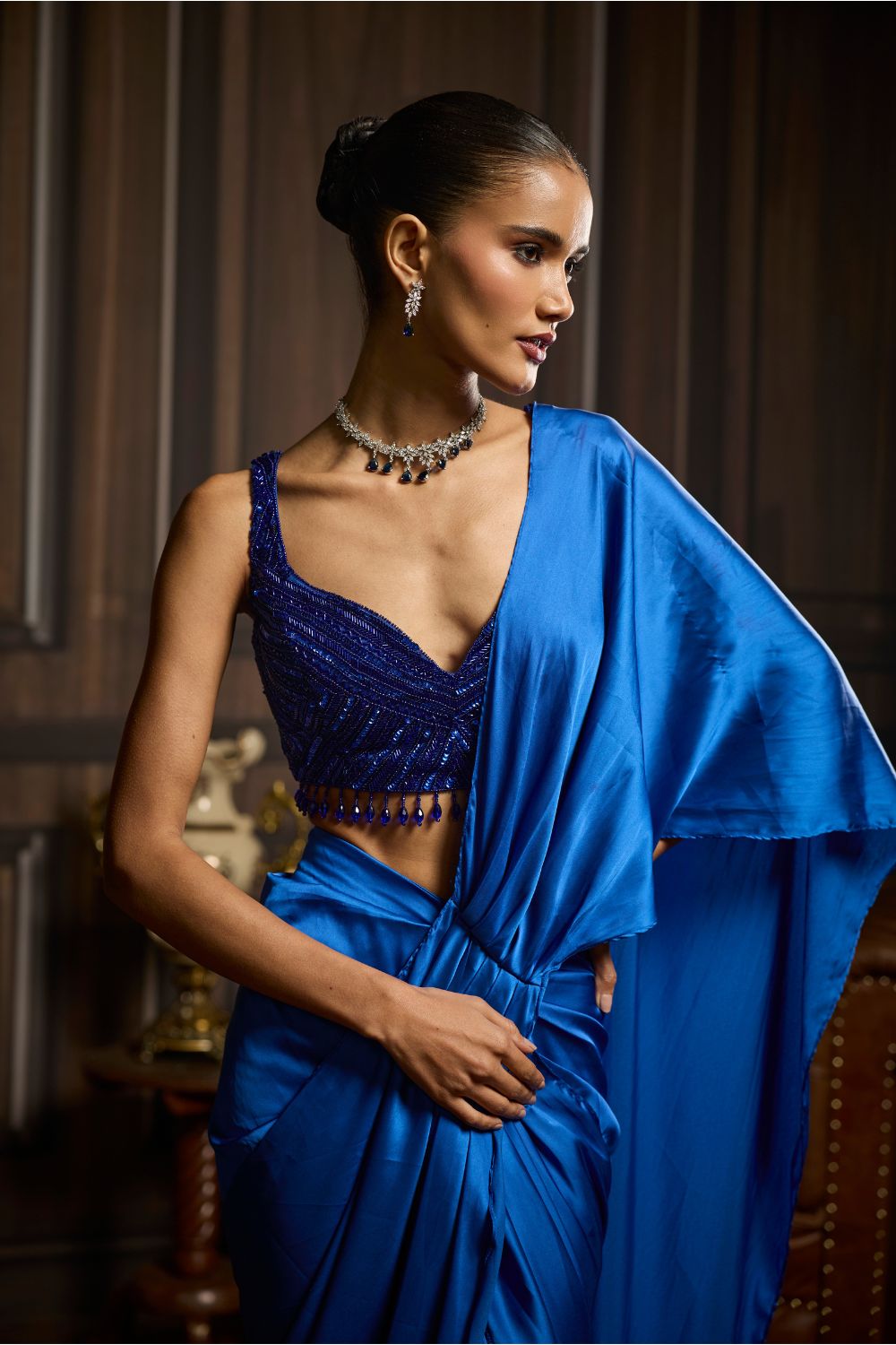 ELECTRIC BLUE EMBELLISHED BLOUSE AND PRE-DRAPED DHOTI SAREE SET