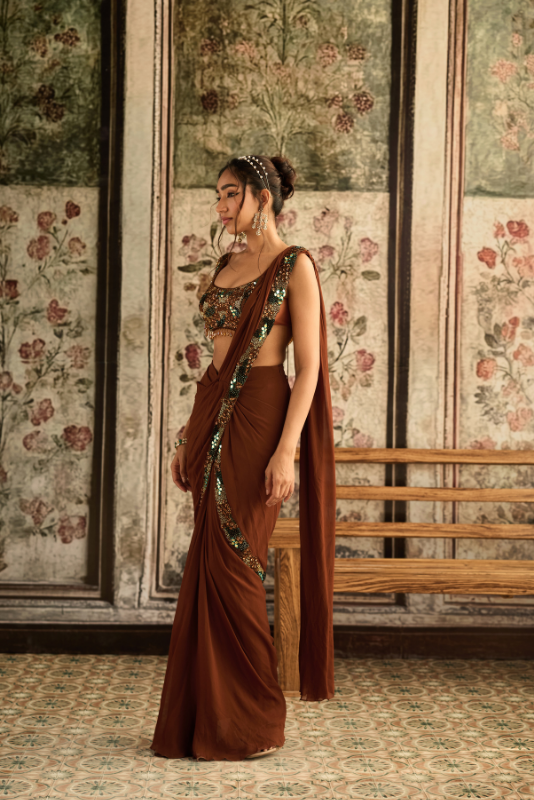 CARAMEL EMBROIDERED PRE-DRAPED  SAREE SET