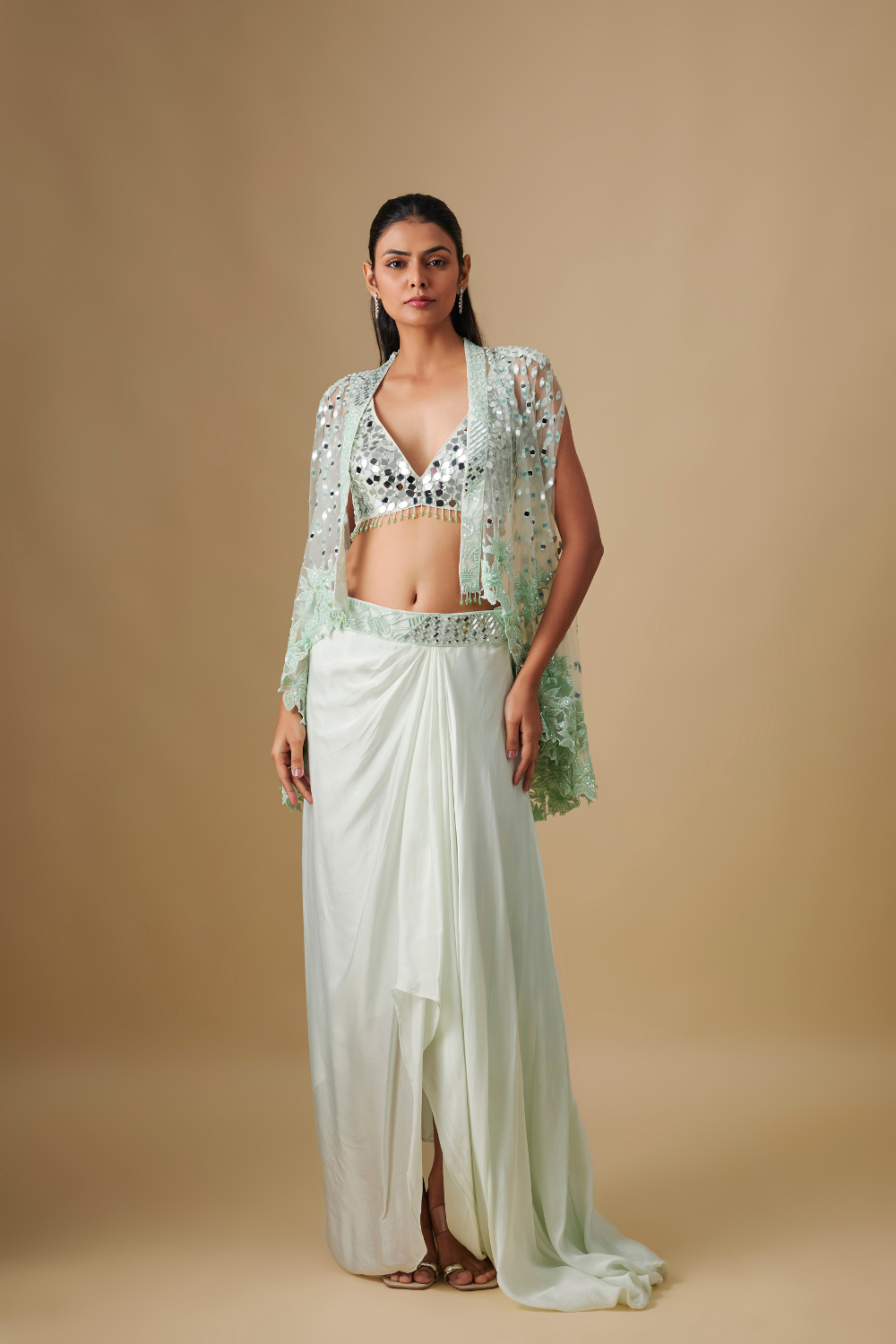Marlowe- Mint Drape Full mirror Blouse with Cape