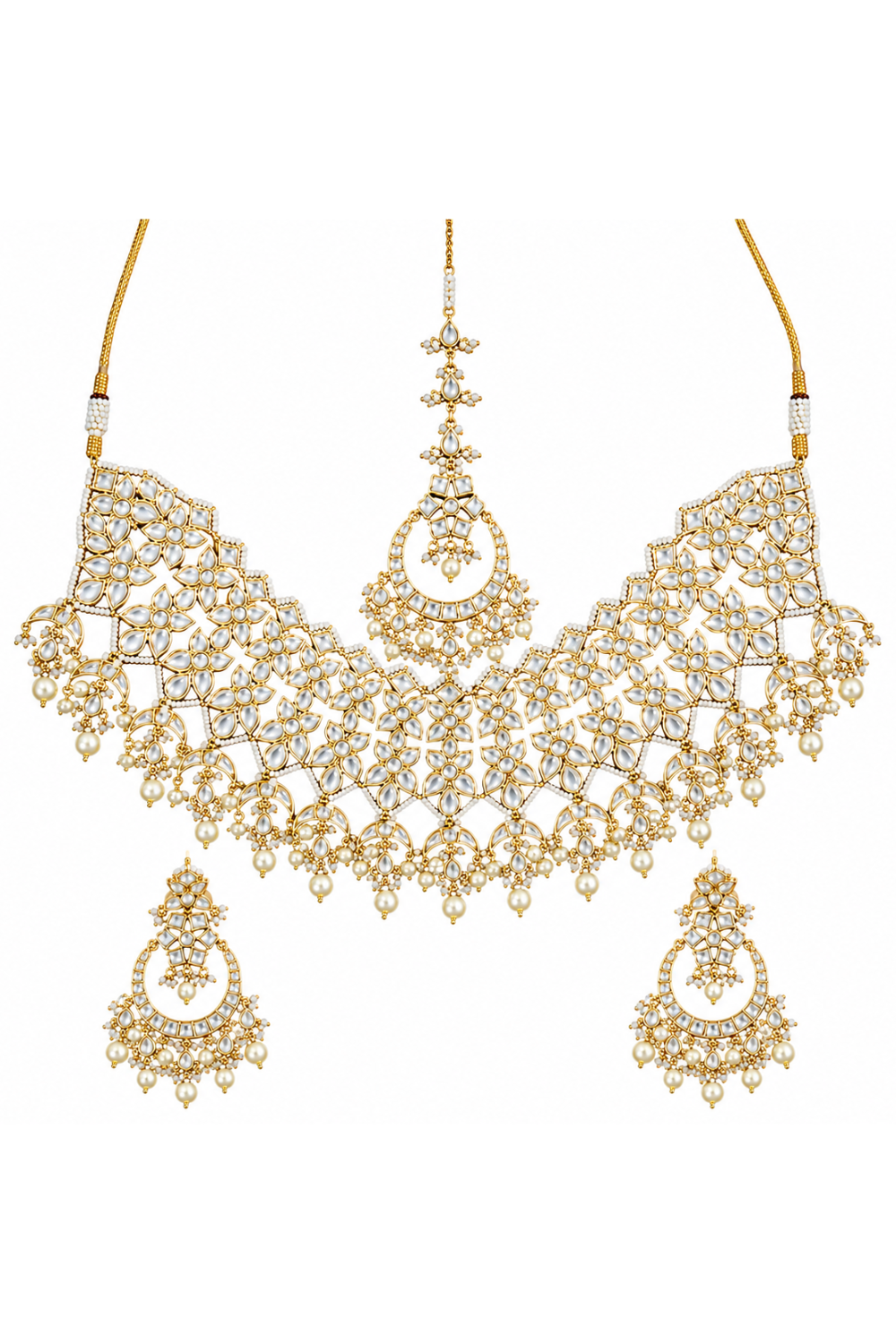 Royal Jaipuri Kundan Pearl Floral Choker Necklace Set with Chandbali Earrings & Maang Tikka
