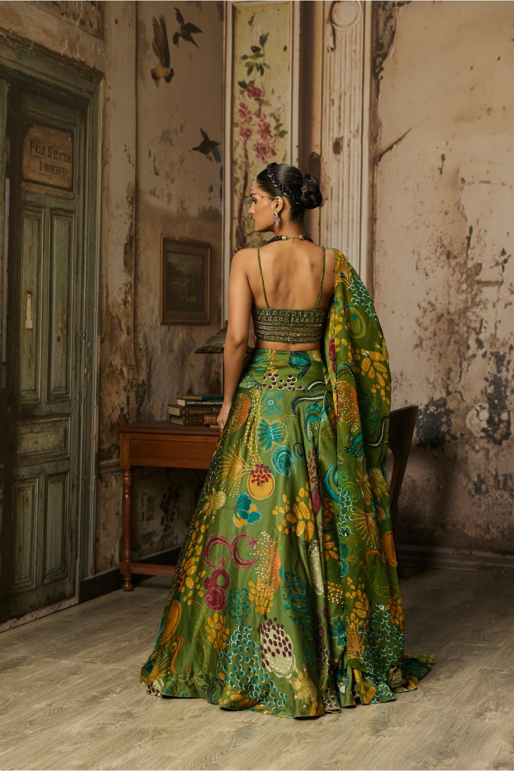 PEAR GREEN EMBROIDERED BLOUSE AND COWL SKIRT SET