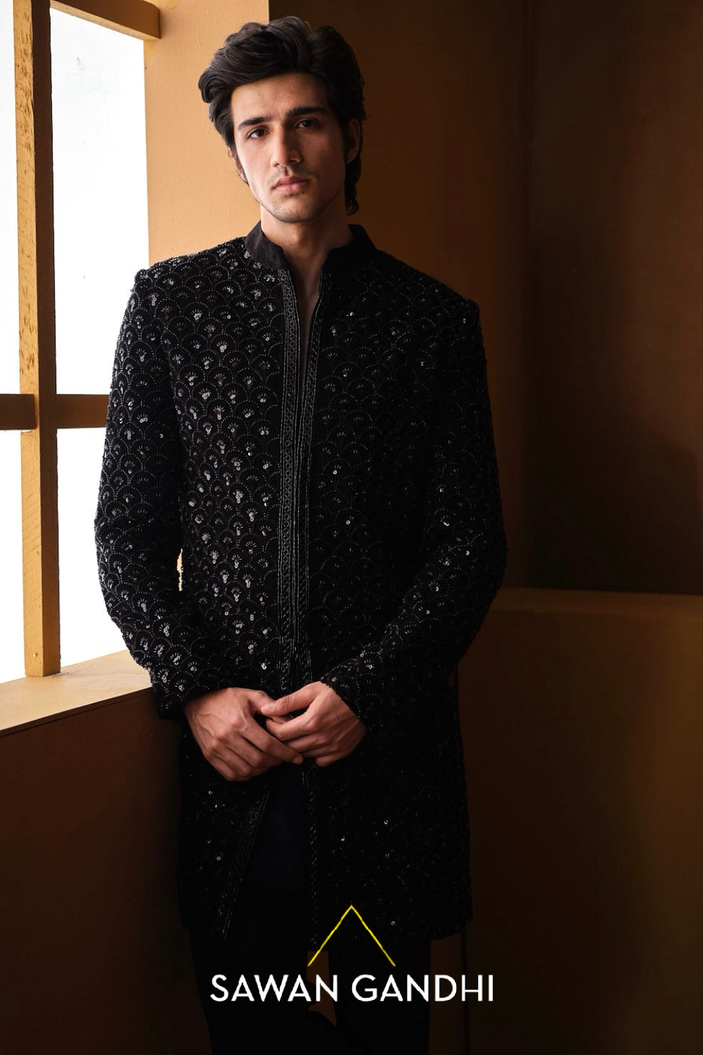 BLACK VELVET FISHSCALE SHERWANI