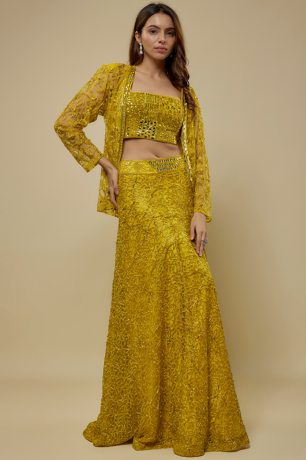 CITRINE -Yellow full embroidered skirt set paired with floral embroidered jacket and zentangle blouse