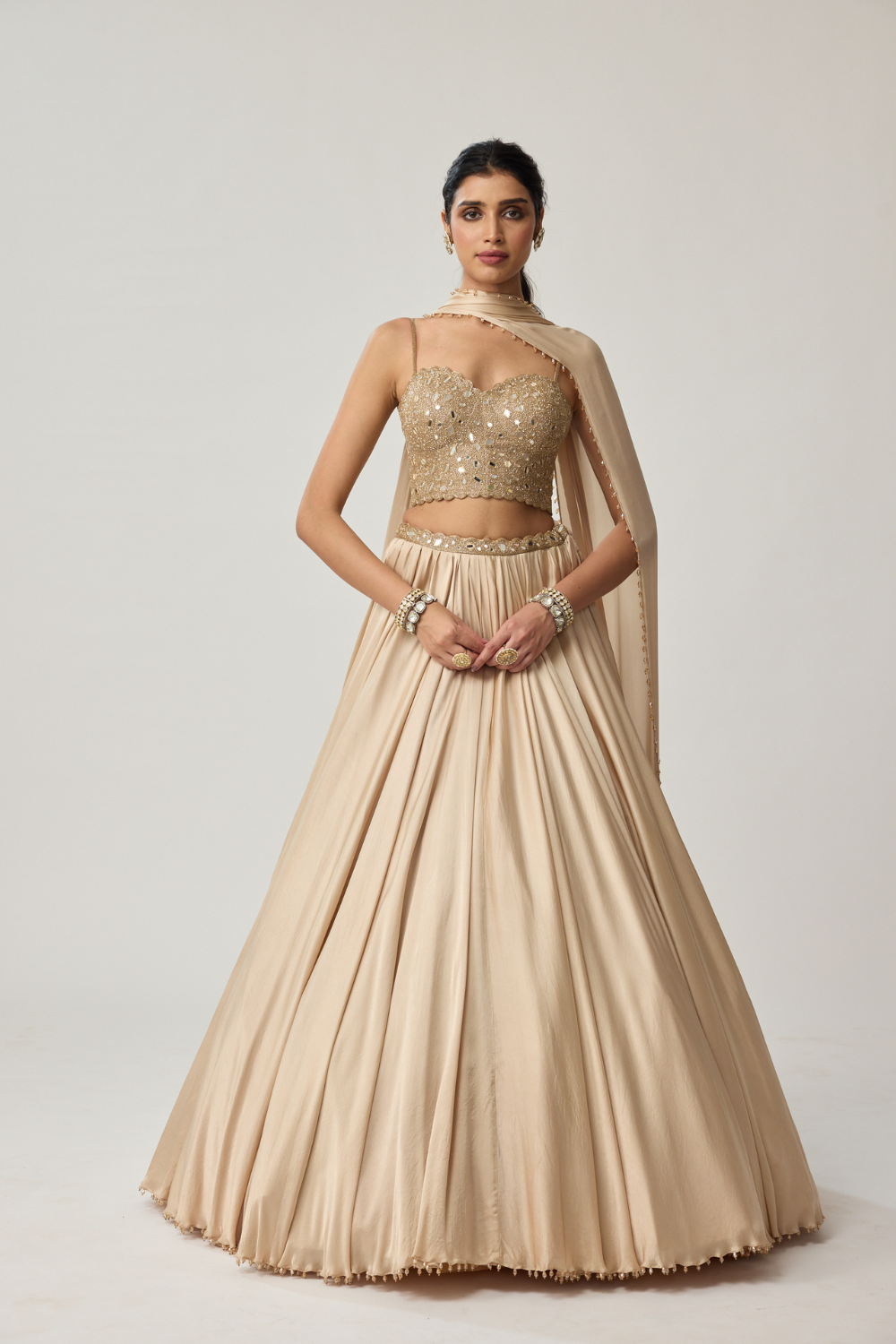 Light Beige Mirror Corset Satin Lehenga Set