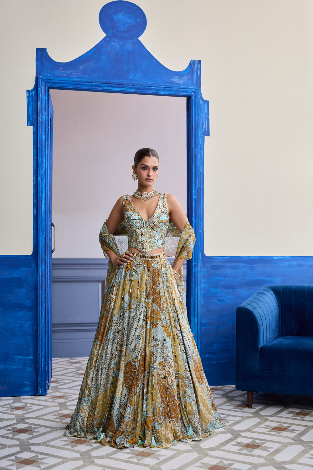 Yellow Floral Corset with Tassel Lehenga & Printed Dupatta Set