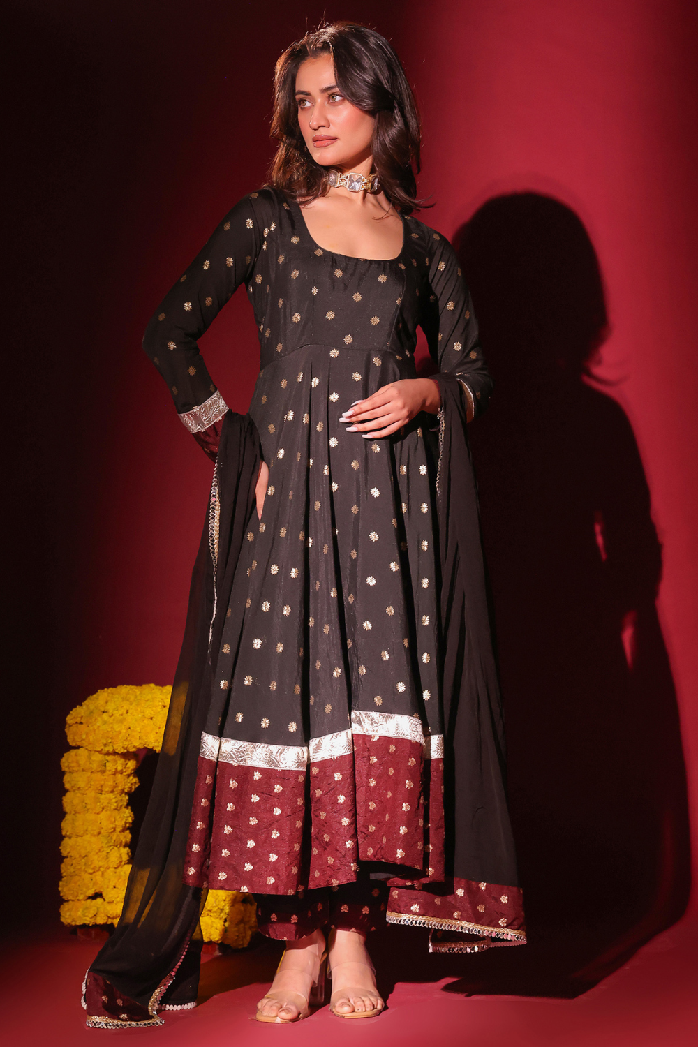 Black Maroon Anarkali Set