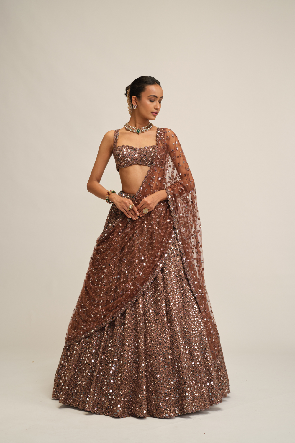Deep Beige Mirror Embroidered Lehenga Set
