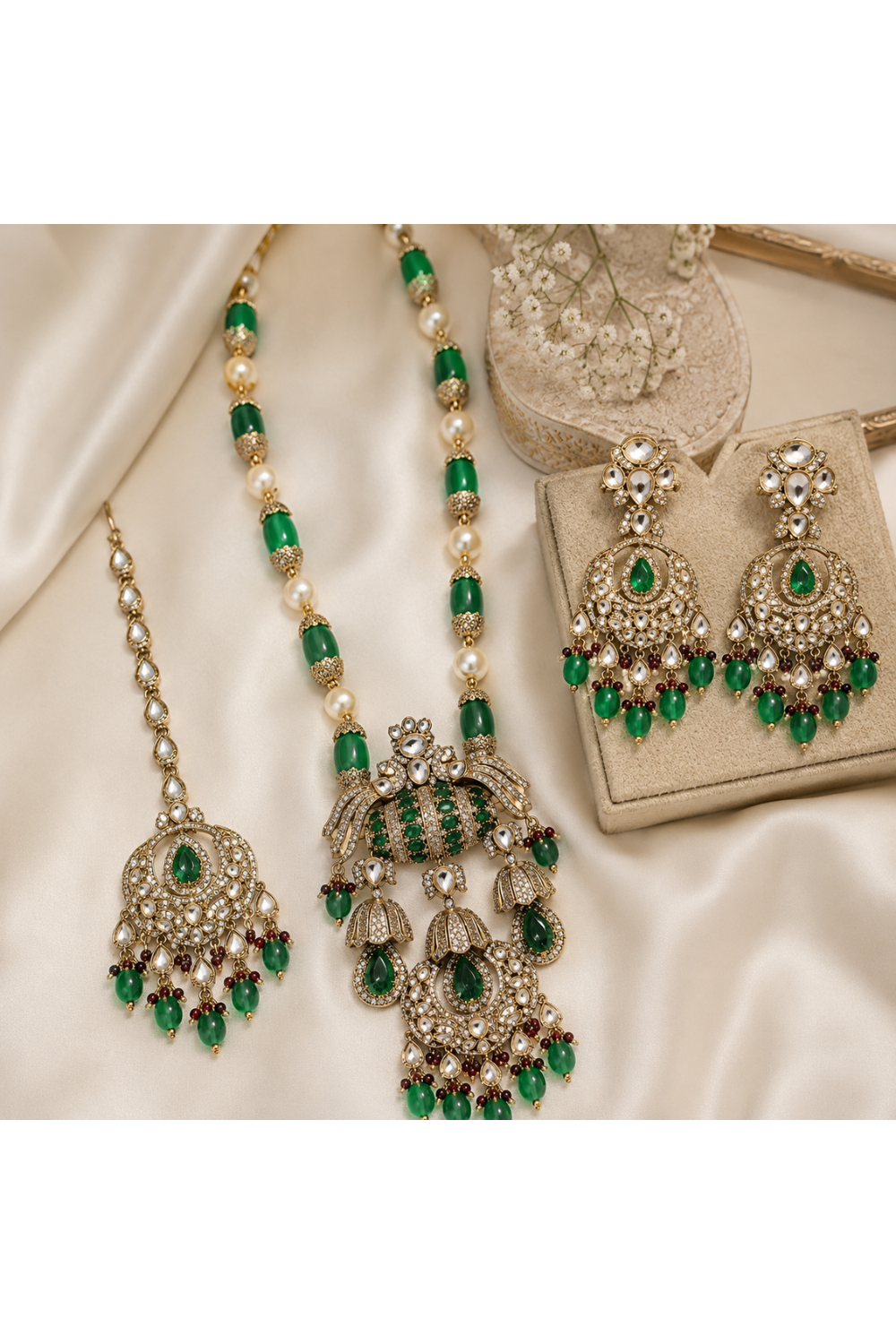 Emerald Green Semi-Precious Stone Kundan Long Necklace Set with Maang Tikka