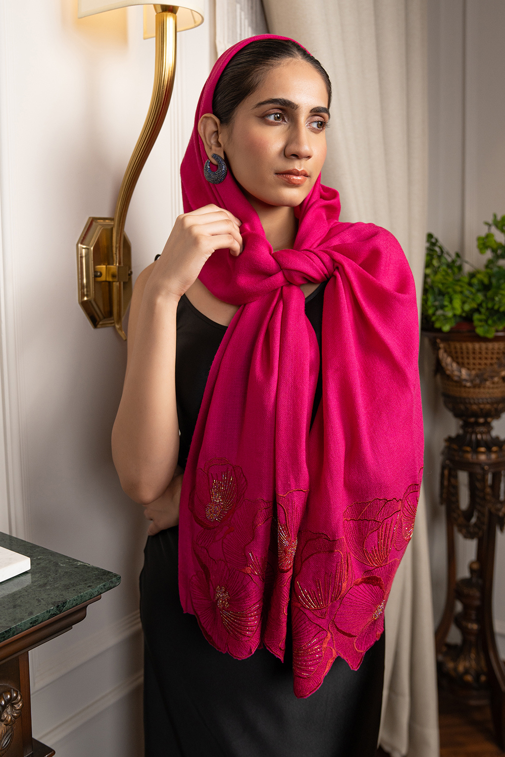 Poppy Affair | Embroidered Wool Silk Stole – Hot Pink
