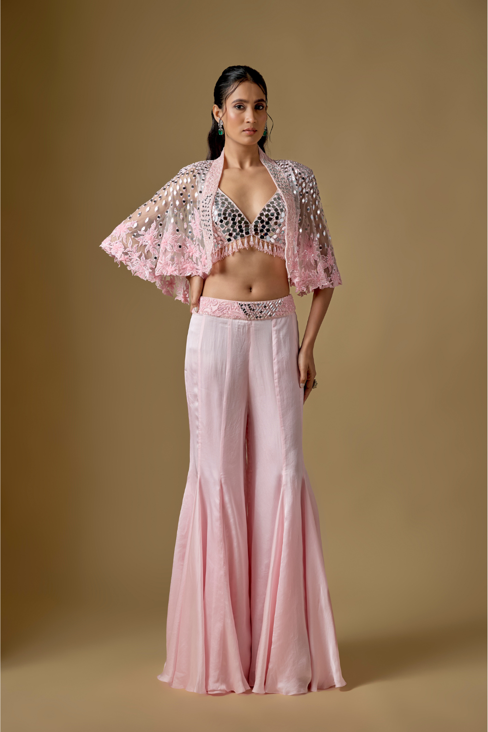 Kai -Baby Pink Sharara Short Cape Set with Full Mirror Blouse