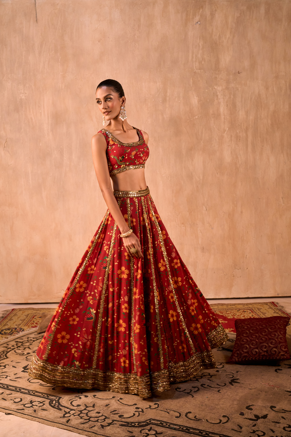 RED PRINT EMBROIDERED CHOLI, LEHENGA AND DUPATTA SET