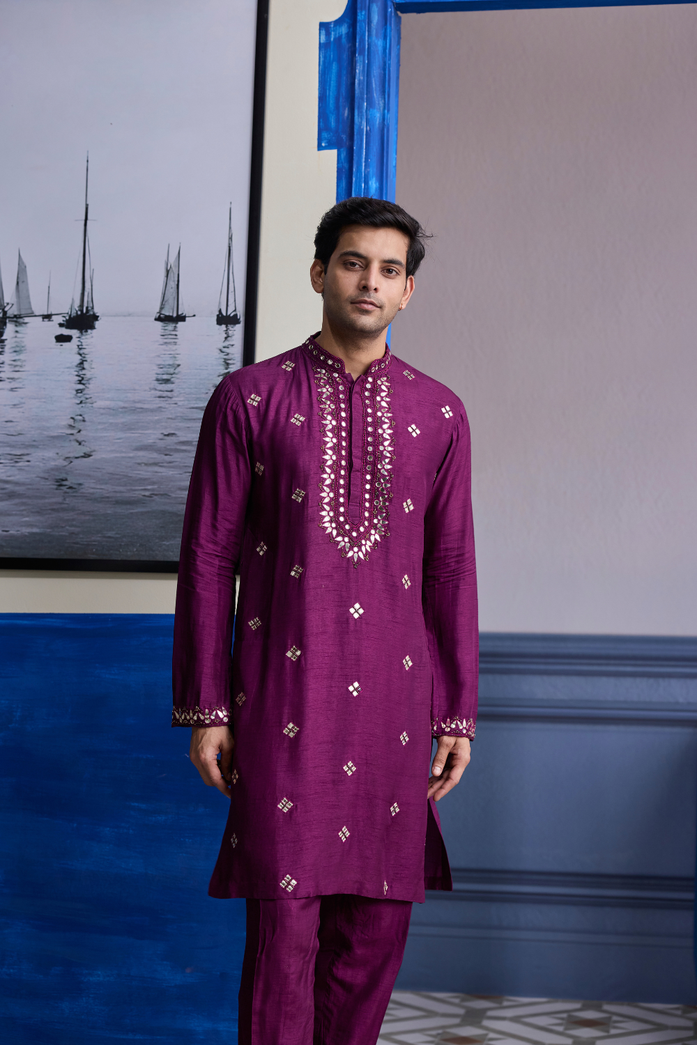 PLUM EMBROIDERED KURTA WITH SOLID PANTS