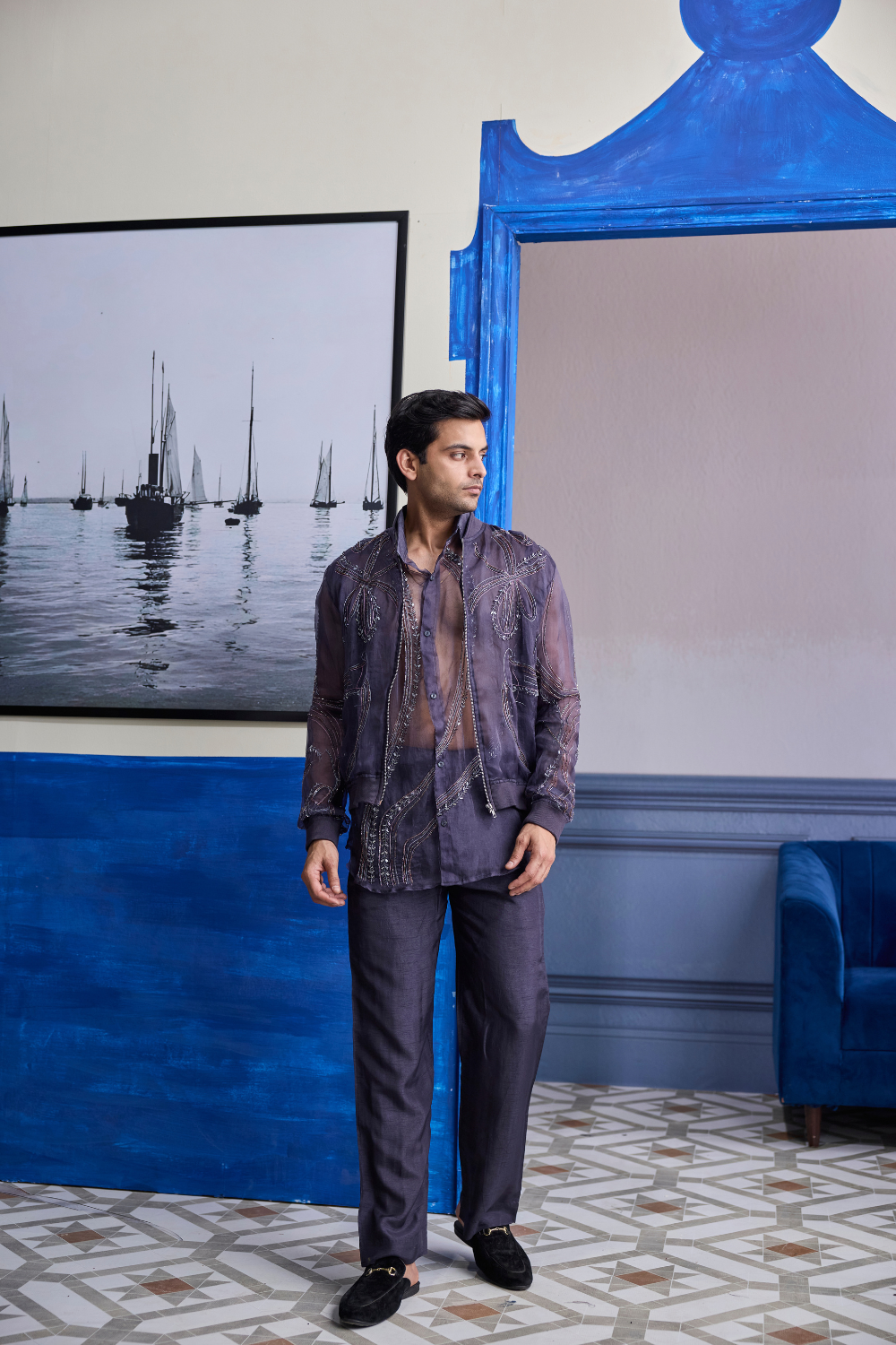 Charcoal Grey Organza Shirt with Embroidered Organza Bomber Jacket Paired with Solid Pants