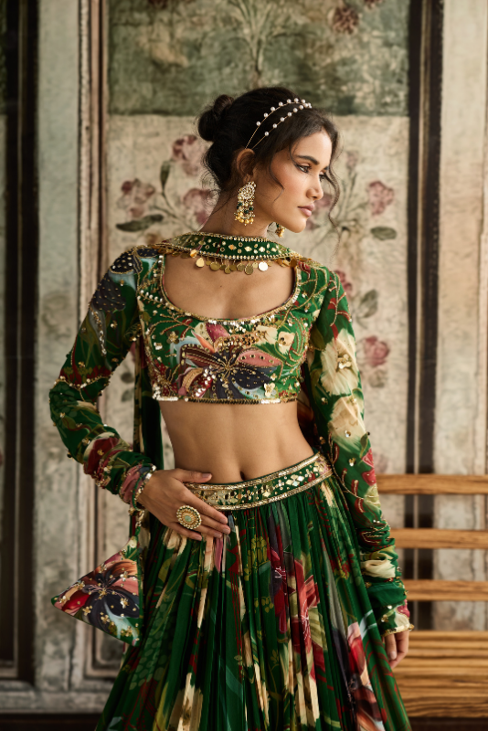 GREEN FLORAL PRINTED LEHENGA SET