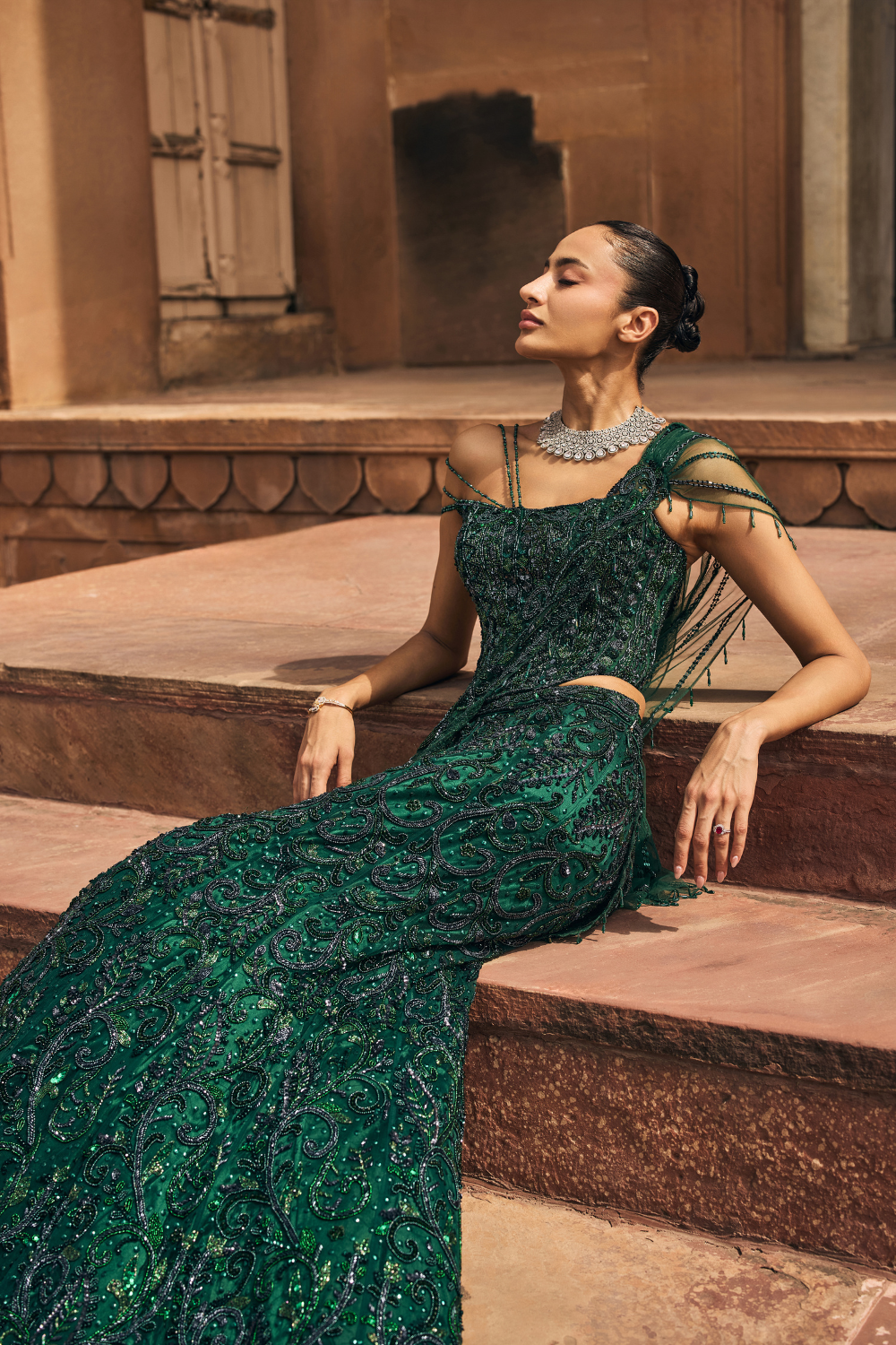Bottle Green Embellished Corset Saree Set