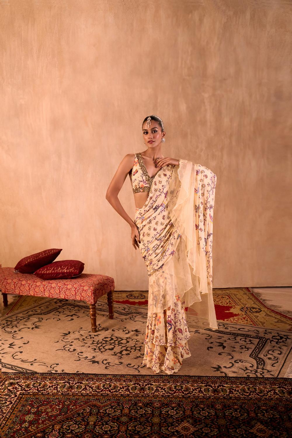 IVORY PRINT EMBROIDERED CHOLI WITH PRE DRAPED RUFFLE SARI SET