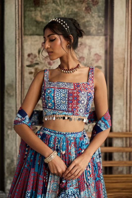 TEAL PRINT AND HIGHLIGHTED SQUARE NECK BLOUSE WITH LEHENGA SET