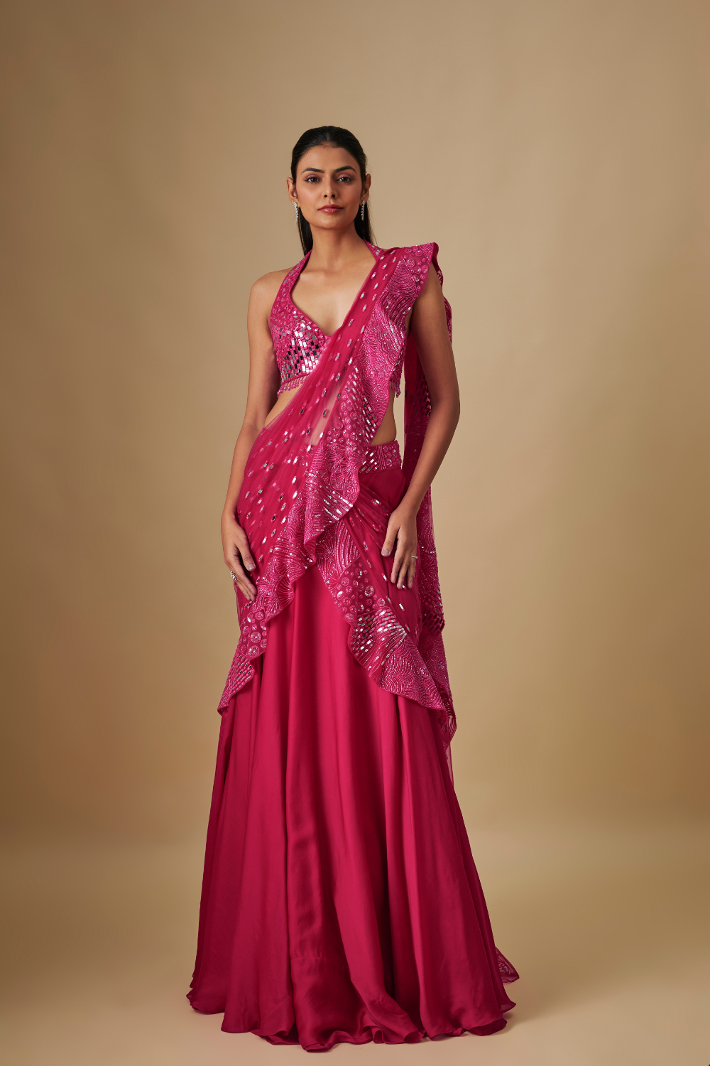 Pluvia- Fuchia Drape saree Tulle Blouse Border Pallu
