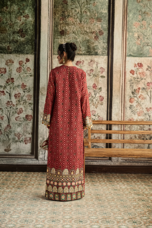 SAGE-MAROON PRINT AND HIGHLIGHTED  KAFTAN