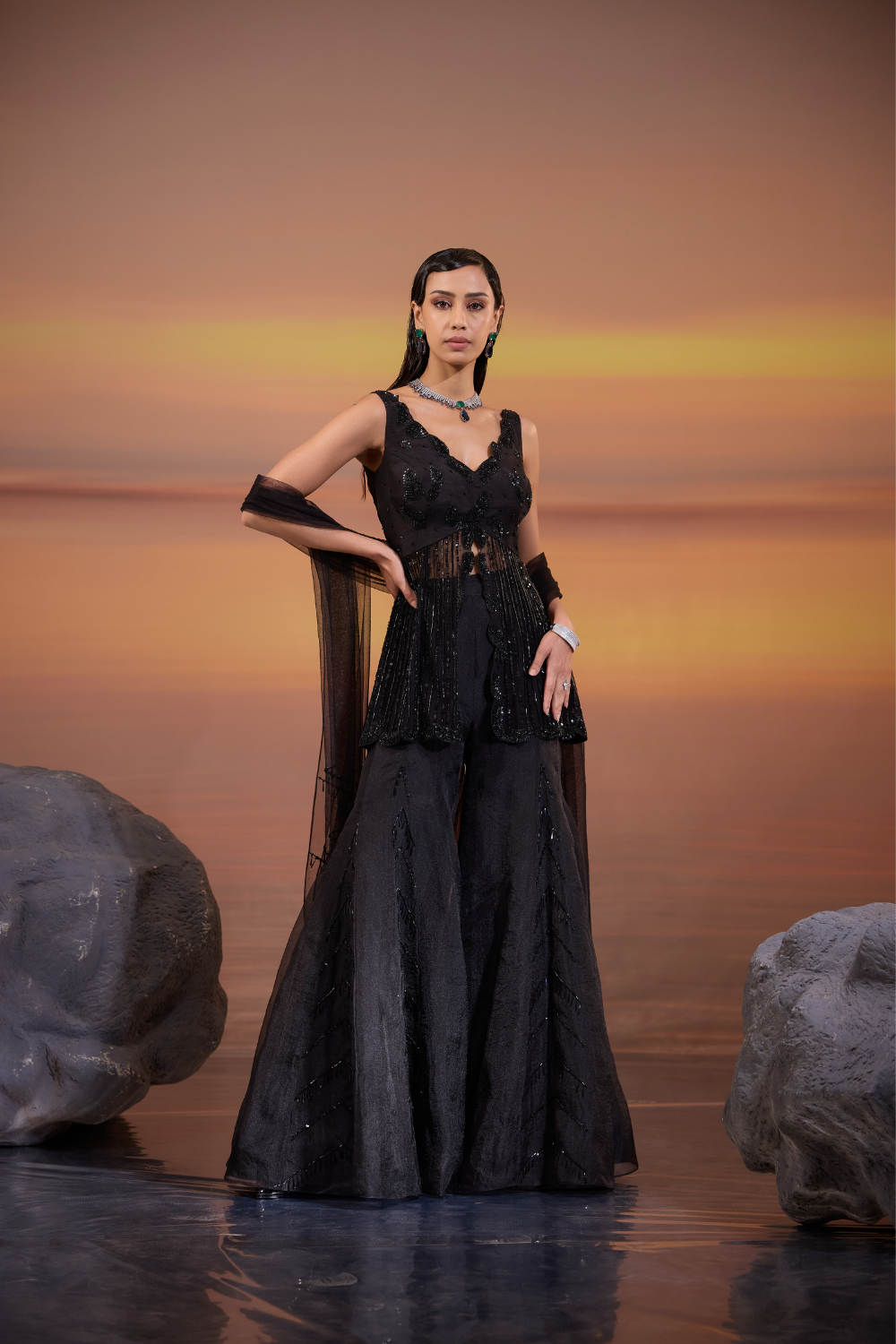 Black Embellished Sharara Set