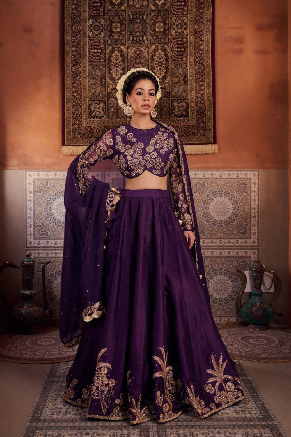 Purple dupion silk blouse, lehenga and organza silk dupatta
