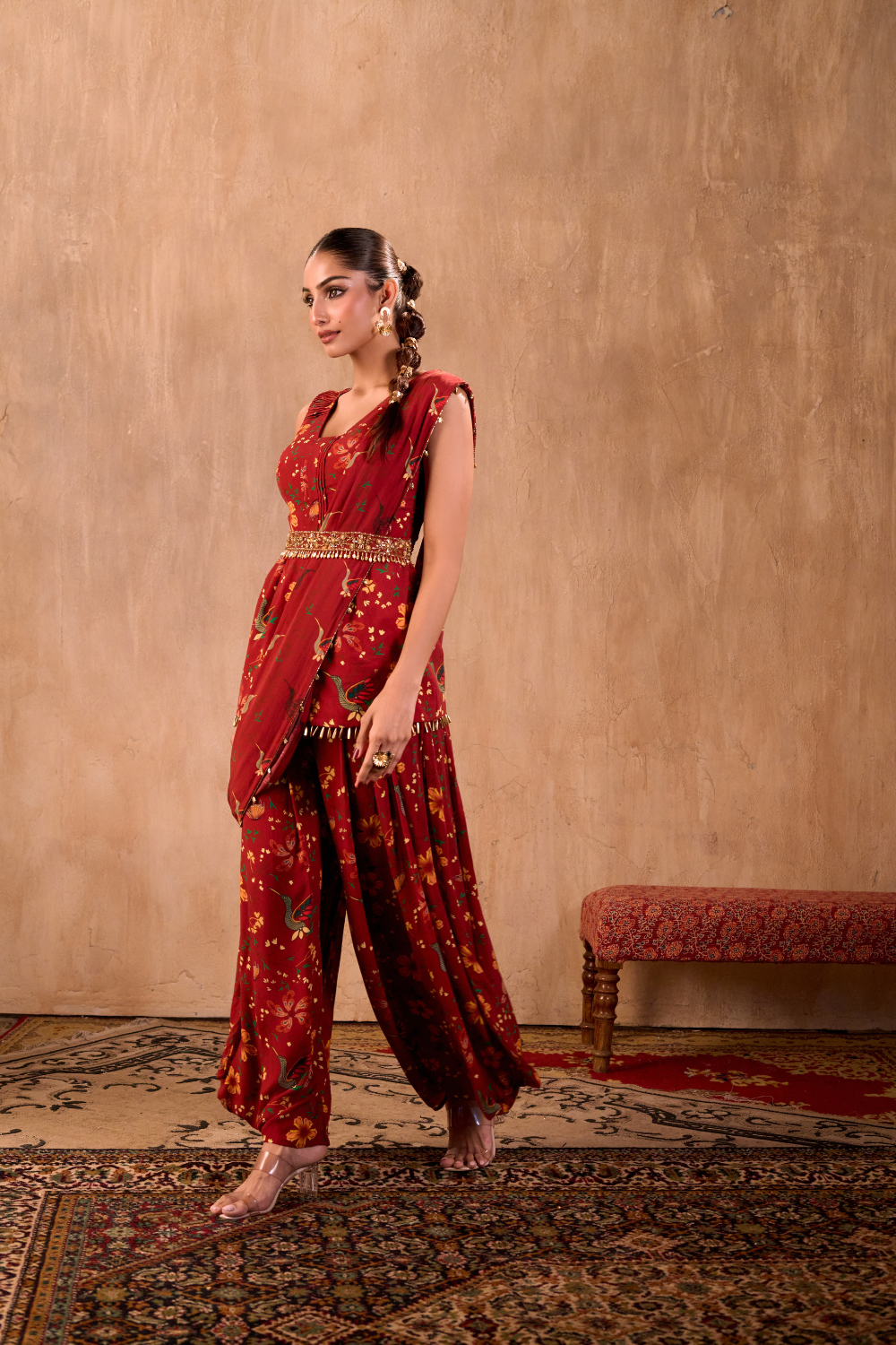RED PRINT EMBROIDERED PEPLUM TOP, DRAPED PANTS, DRAPE AND BELT SET