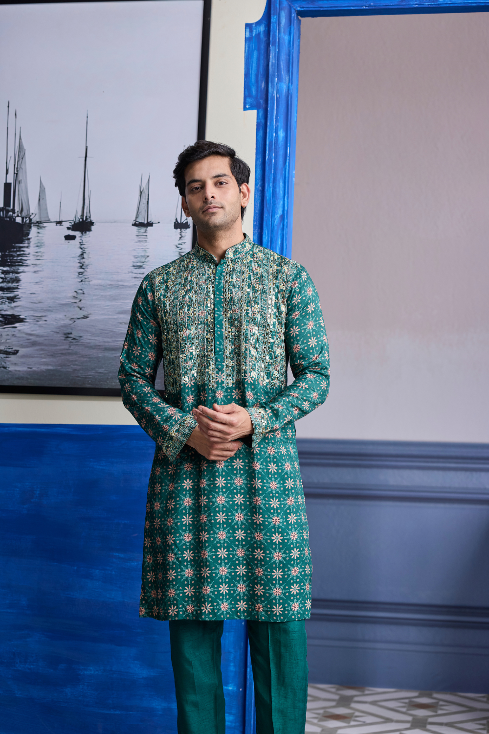 TEAL GREEN  BUTTA HIGHLIGHTED  KURTA WITH SOLID PANTS