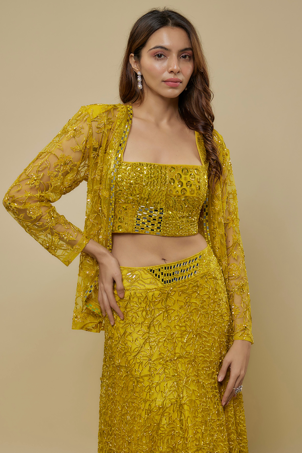 CITRINE -Yellow full embroidered skirt set paired with floral embroidered jacket and zentangle blouse