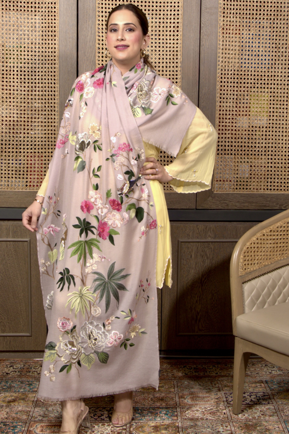 Magnificent Magnolia | Embroidered Pure Cashmere Stole