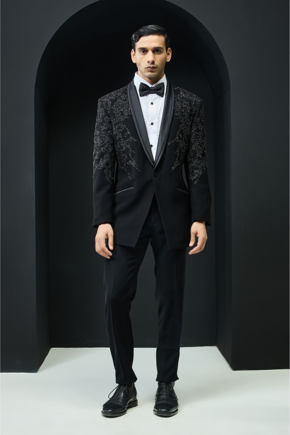 Black tuxedo highlighted with sequins, pearls,cutdana