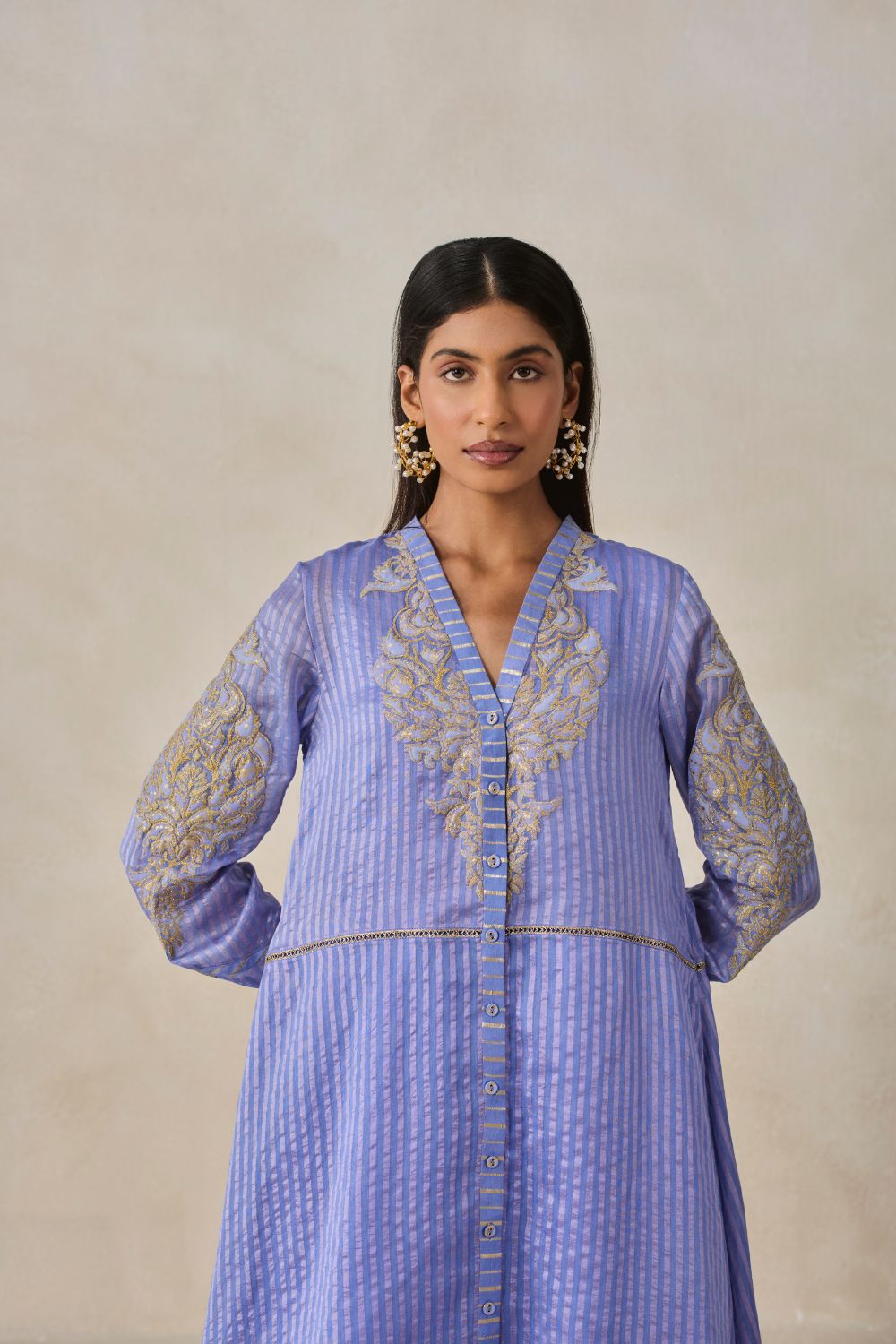 Chanderi Front Open Assymetrical Kurta With Pant