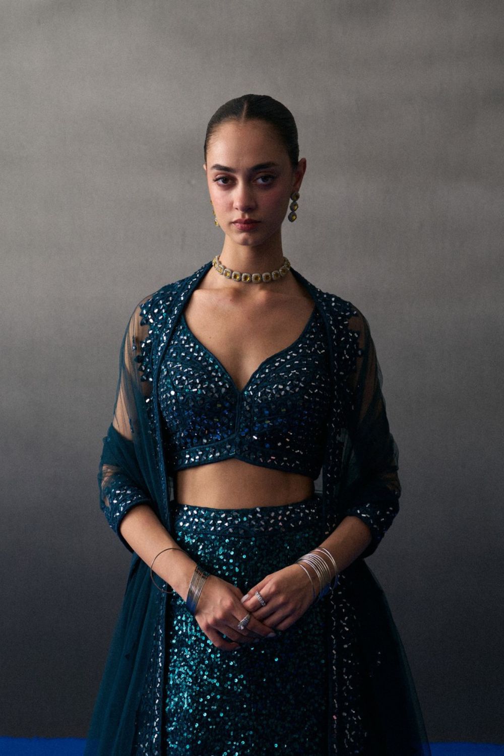 Peacock Blue Sequins Skirt Set