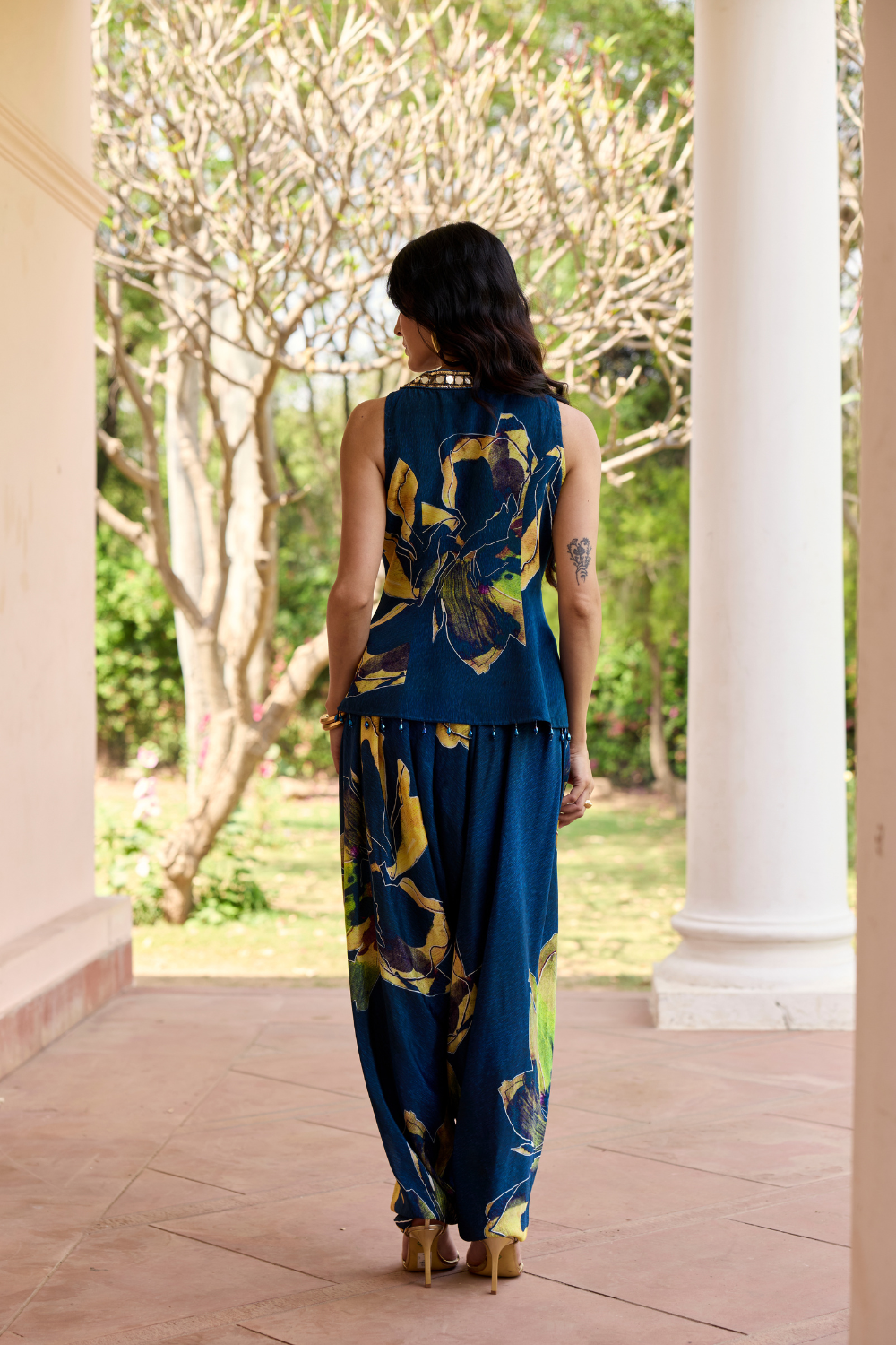 NAVYGOLD FLORAL PRINTED DHOTI SET