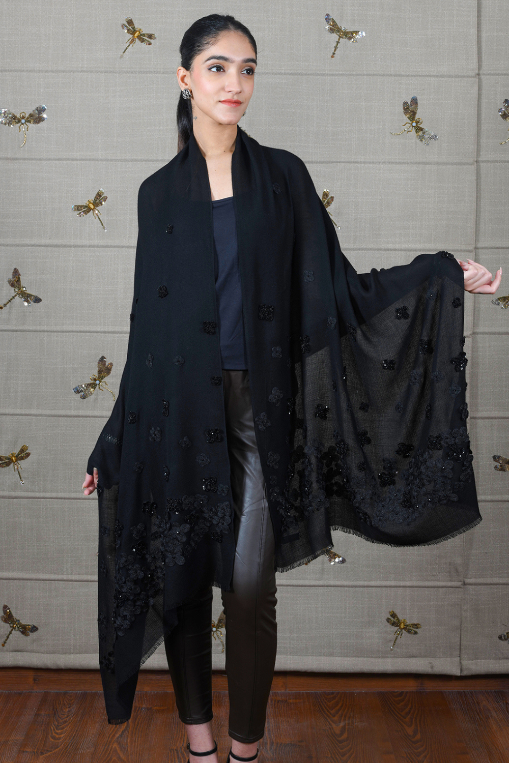The Onyx Petal | Embroidered Fine Wool Silk Stole