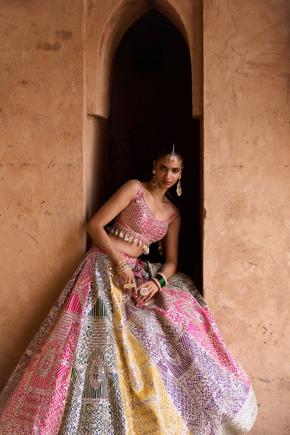 PRISM — Multicolored Raw Silk Lehenga Set with Contrast Blouse