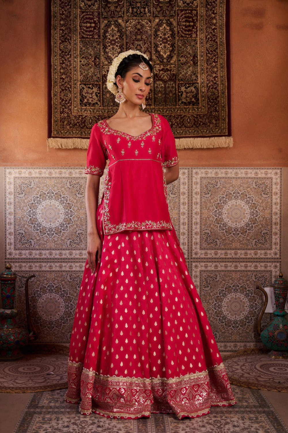 Fuchsia embroidered kurti with banarsi lehenga and dupatta