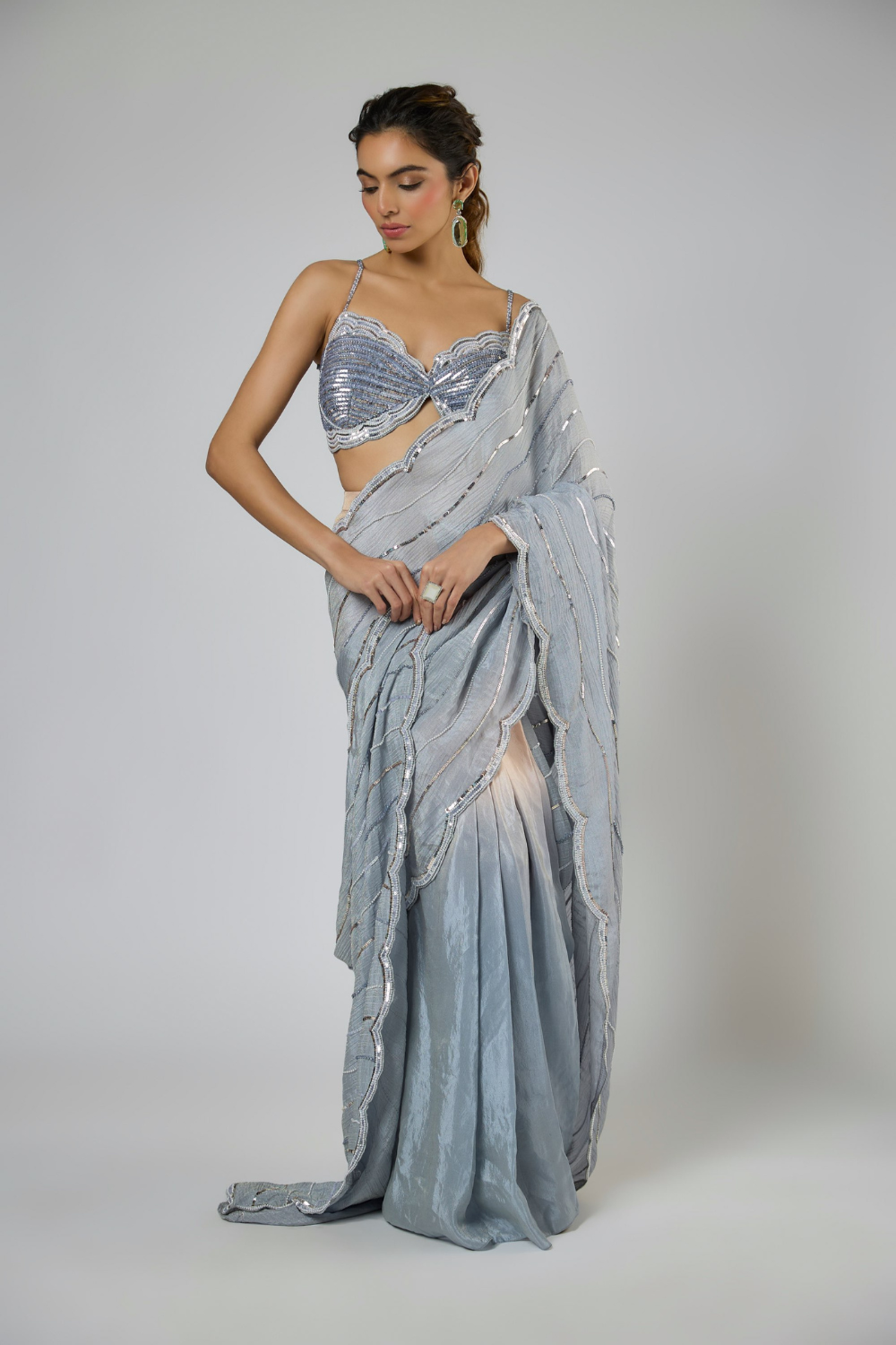 PERIWINKLE SCALOP CUTWORK EMBROIDERED SAREE SET